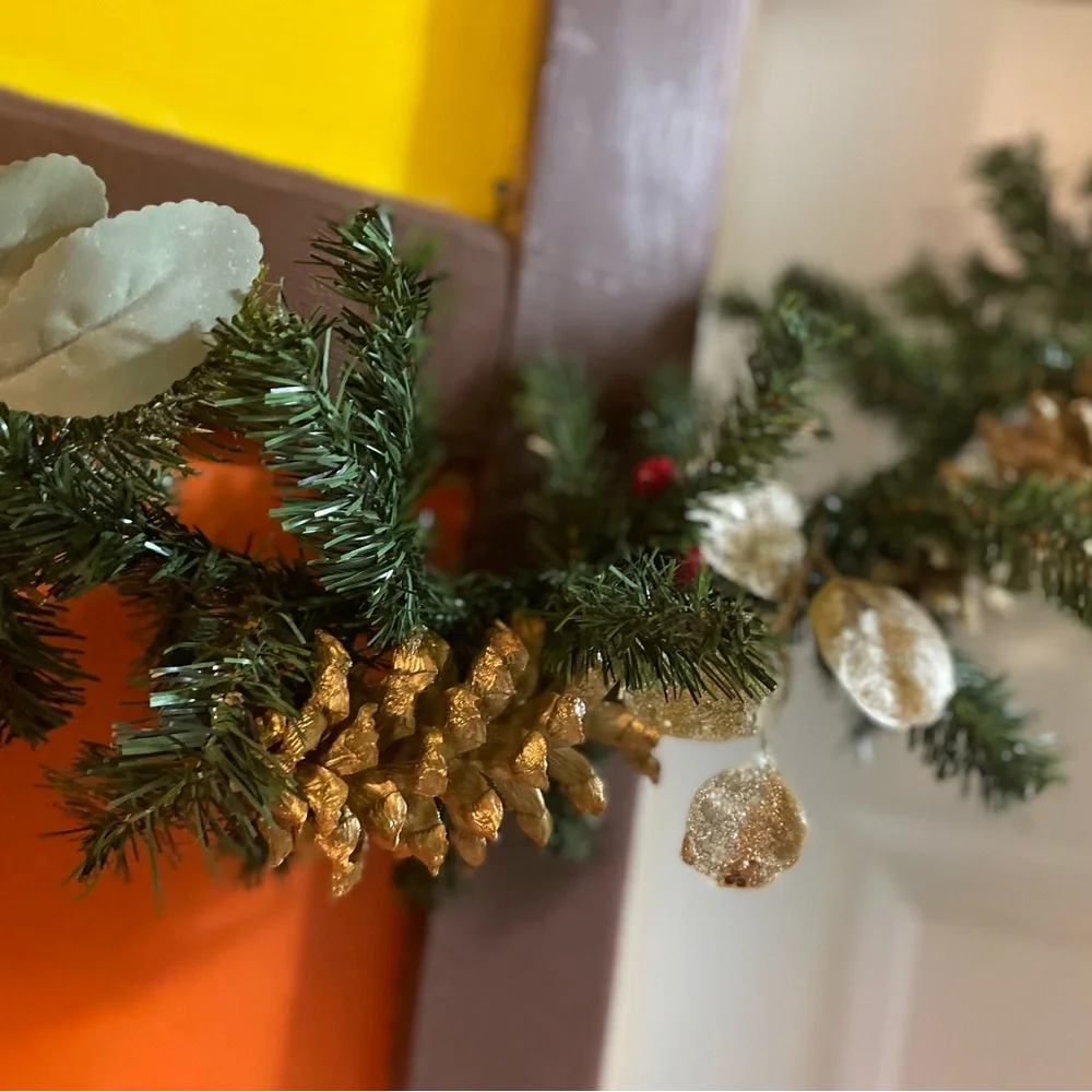 9 foot gold and silver faux evergreen garland, pine cones, berries